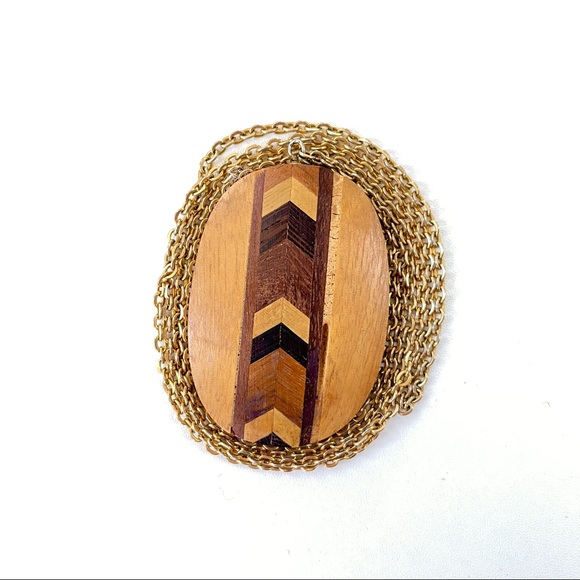Vintage Handmade Wood Inlay Pendant Necklace - Picture 7 of 9